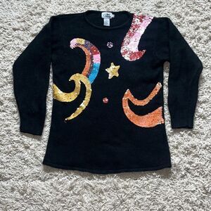 Vintage In Charge Sequin Cosmic Star Moon Silk Angora, and Lambswool Sweater Wom